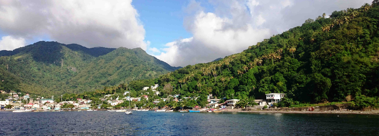 Auf dem Bild sind die Berghänge einer mit viel Wald bewachsenen Karibikinsel zu sehen. Im Vordergrund ist Wasser mit einer hand voll ankernder Yachten zu sehen. Nahe dem Ufer stehen Häuser, teilweise auf Stelzen, der Ort schmiegt sich an die Berghänge.